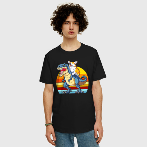 Мужская футболка хлопок Oversize Корги верхом на тираннозавре, цвет черный - фото 3