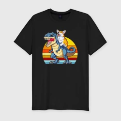 Мужская футболка хлопок Slim Корги верхом на тираннозавре