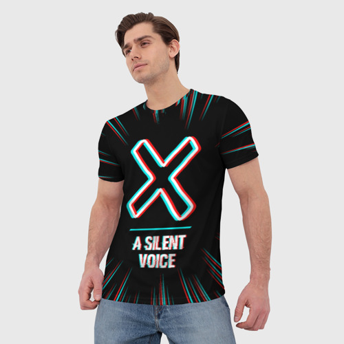 Мужская футболка 3D Символ A Silent Voice в стиле glitch на темном фоне, цвет 3D печать - фото 3