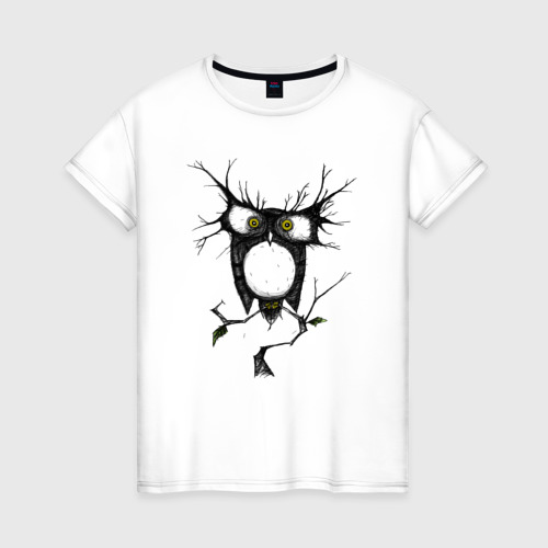 Женская футболка из хлопка с принтом Сова и безумие, вид спереди №1
