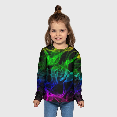 Детский лонгслив 3D с принтом Разноцветный неоновый дым, вид сбоку #3