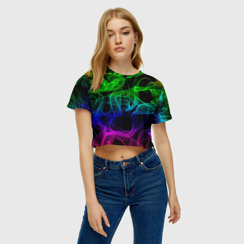 Женская футболка Crop-top 3D Разноцветный неоновый дым, цвет 3D печать - фото 3