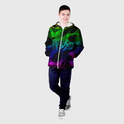 Куртка с принтом Разноцветный неоновый дым для мужчины, вид на модели спереди №2. Цвет основы: белый