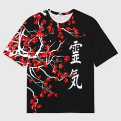 Мужская футболка oversize 3D Сакура красная - ладонь исцеления иероглифами