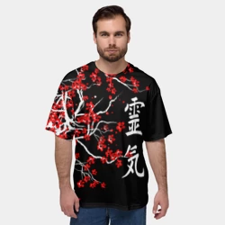 Мужская футболка oversize 3D Сакура красная - ладонь исцеления иероглифами - фото 2