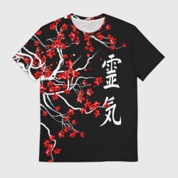 Мужская футболка 3D Сакура красная - ладонь исцеления иероглифами