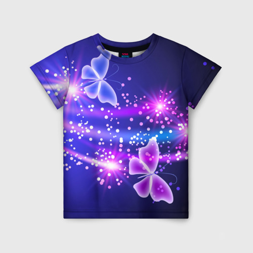 Детская футболка с принтом Неоновые бабочки, вид спереди №1