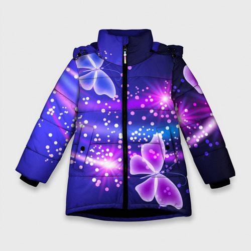 Зимняя куртка для девочек 3D Неоновые бабочки, цвет черный