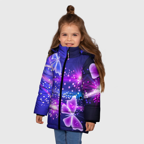 Зимняя куртка для девочек 3D Неоновые бабочки, цвет черный - фото 3