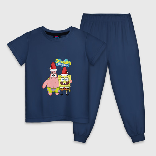 Детская пижама хлопок Губка Боб и Патрик - Новый Год, цвет темно-синий