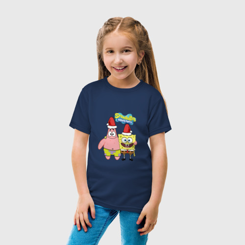 Детская футболка хлопок Губка Боб и Патрик - Новый Год, цвет темно-синий - фото 5