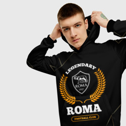 Толстовка с принтом Лого Roma и надпись legendary football club на темном фоне для мужчины, вид на модели спереди №3. Цвет основы: черный
