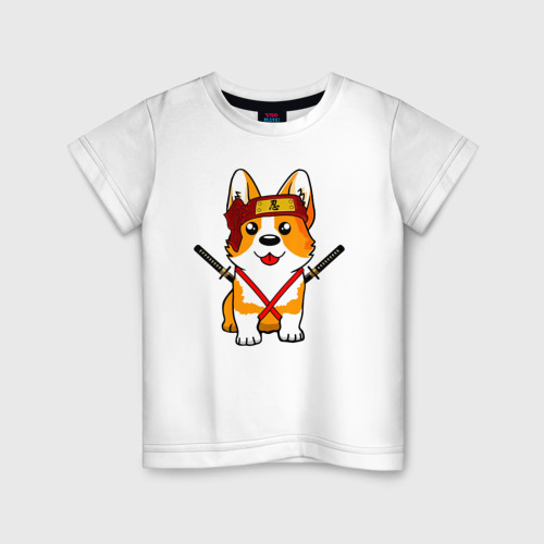 Детская футболка хлопок с принтом Корги - самурай, вид спереди #2