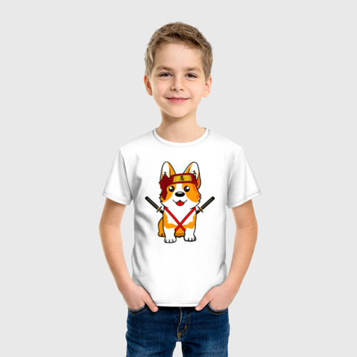 Детская футболка хлопок с принтом Корги - самурай, фото на моделе #1
