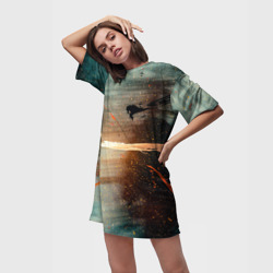 Платье-футболка 3D Светло-синий абстрактный фон и брызки красок - фото 2