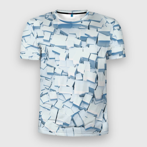 Мужская футболка 3D Slim с принтом Множество белых кубов в абстракции, вид спереди #2