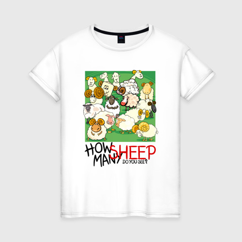 Женская футболка из хлопка с принтом Сколько овец вы видите?, вид спереди №1