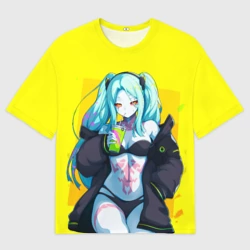 Женская футболка oversize 3D Ребекка пьет коктель - Киберпанк аниме