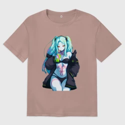 Женская футболка хлопок Oversize Ребекка и коктель - Киберпанк бегущий по краю