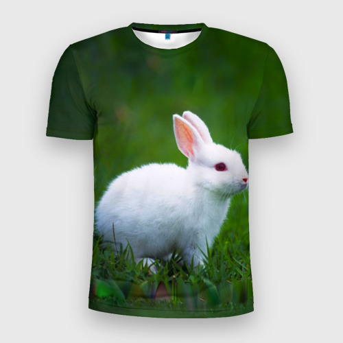 Мужская футболка 3D Slim Кролик на фоне травы, цвет 3D печать