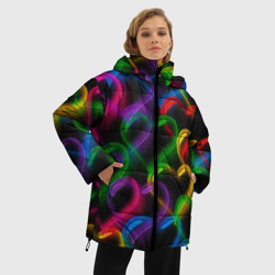 Куртка с принтом Граффити - неоновые сердца для женщины, вид на модели спереди №2. Цвет основы: черный