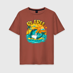 Женская футболка хлопок Oversize Акула серфингист будь свободным