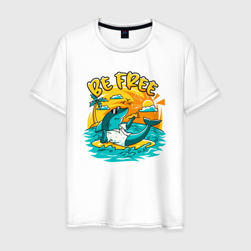 Мужская футболка из хлопка с принтом Акула серфингист будь свободным, вид спереди №1