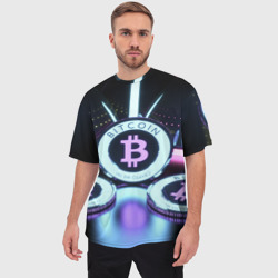 Мужская футболка oversize 3D Неоновый светящийся биткоин - фото 2