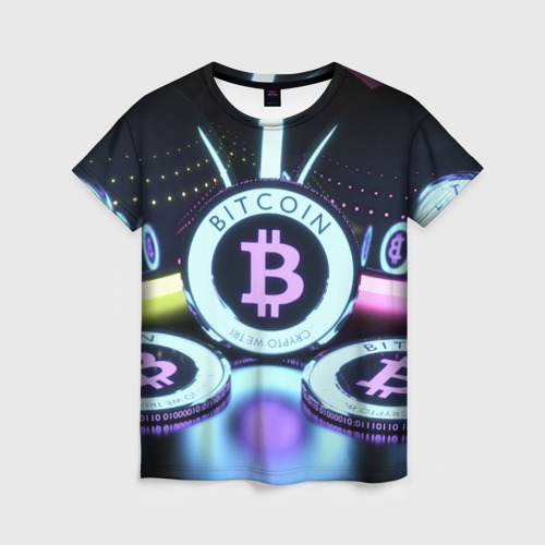 Женская футболка 3D с принтом Неоновый светящийся биткоин, вид спереди #2