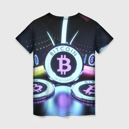 Женская футболка 3D с принтом Неоновый светящийся биткоин, вид сзади #1