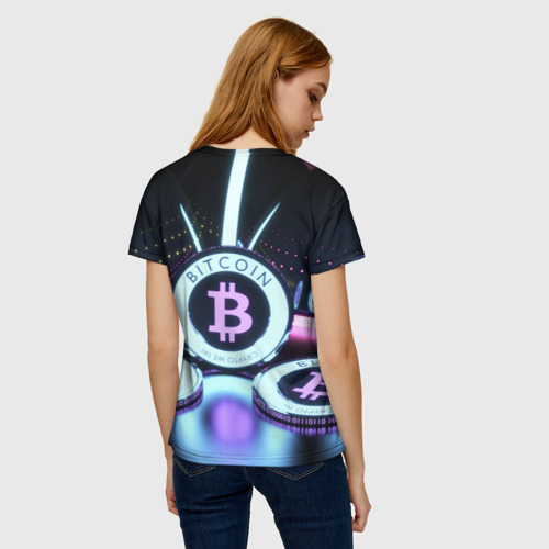 Женская футболка 3D с принтом Неоновый светящийся биткоин, вид сзади #2