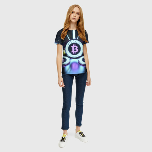 Женская футболка 3D с принтом Неоновый светящийся биткоин, вид сбоку #3