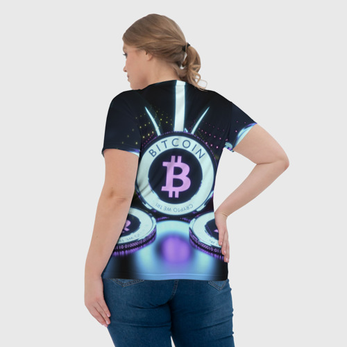 Женская футболка 3D с принтом Неоновый светящийся биткоин, вид сзади #2