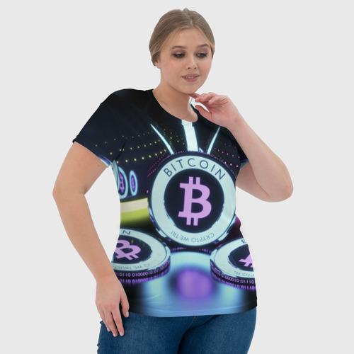 Женская футболка 3D с принтом Неоновый светящийся биткоин, фото #4