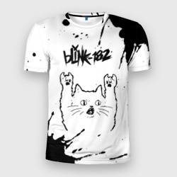 Мужская футболка 3D Slim Blink 182 рок кот на светлом фоне
