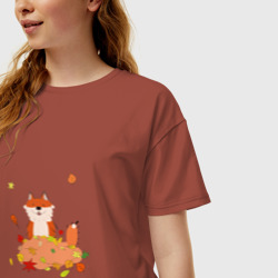 Женская футболка хлопок Oversize Рыжий лис в листьях - фото 2