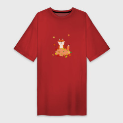 Платье-футболка хлопок Рыжий лис в листьях