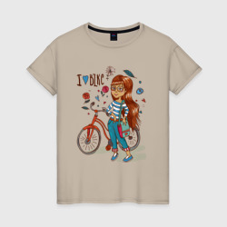 Женская футболка хлопок Девушка с велосипедом