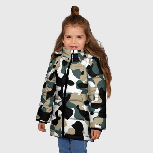 Зимняя куртка для девочек 3D с принтом Камуфляж Snow - Trees - Shrubs, фото на моделе #1