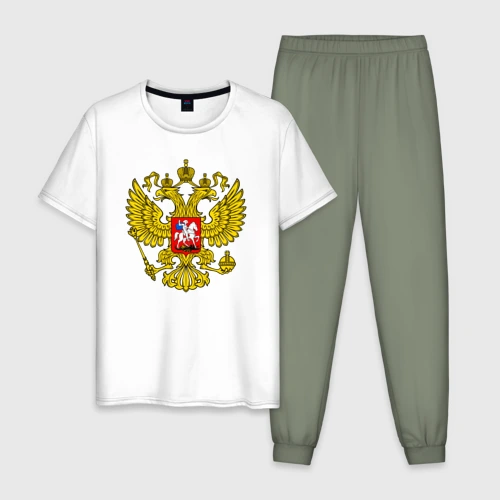 Мужская пижама с белой футболкой хлопок Герб России - прозрачный фон