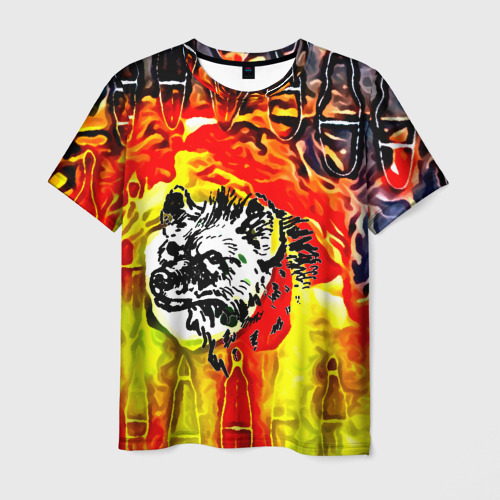 Мужская футболка с принтом Волк и огонь, вид спереди №1