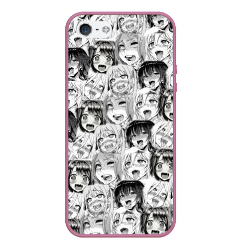 Чехол для iPhone 5/5S матовый Разные девушки Ахегао, цвет розовый