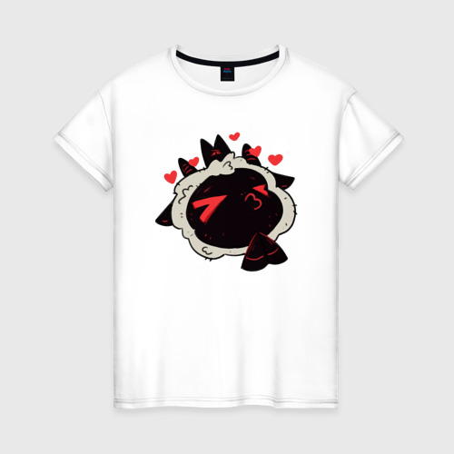 Женская футболка из хлопка с принтом Cult of the Lamb - овечка хочет поцеловаться, вид спереди №1