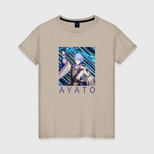 Женская футболка хлопок Аято Камисато с мечом, цвет миндальный