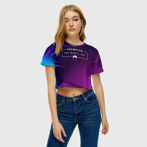 Женская футболка Crop-top 3D No Man's Sky gaming champion: рамка с лого и джойстиком на неоновом фоне, цвет 3D печать - фото 4