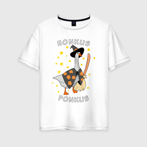 Женская футболка из хлопка оверсайз с принтом Гусь волшебник, вид спереди №1