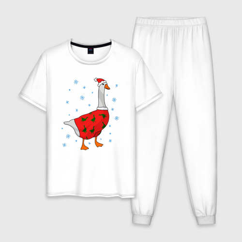 Мужская пижама хлопок с принтом Новогодний Гусь и снежинки, вид спереди #2