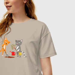 Женская футболка хлопок Oversize Кошечки сажают дерево - фото 2
