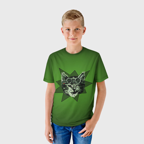 Детская футболка 3D с принтом Дерзкий кот в очках, фото на моделе #1