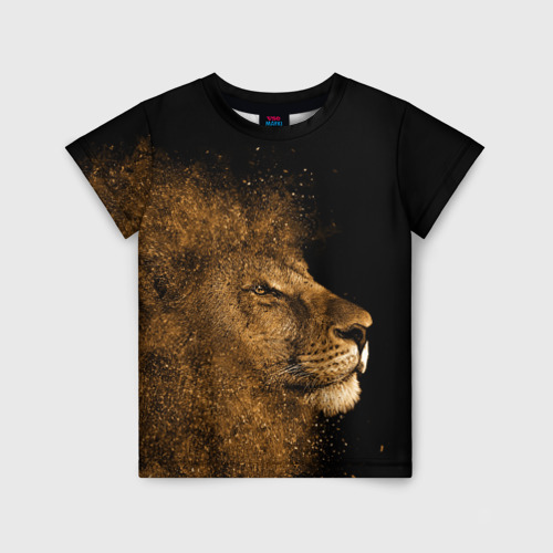 Детская футболка 3D с принтом Золотой лев на черном фоне, вид спереди #2
